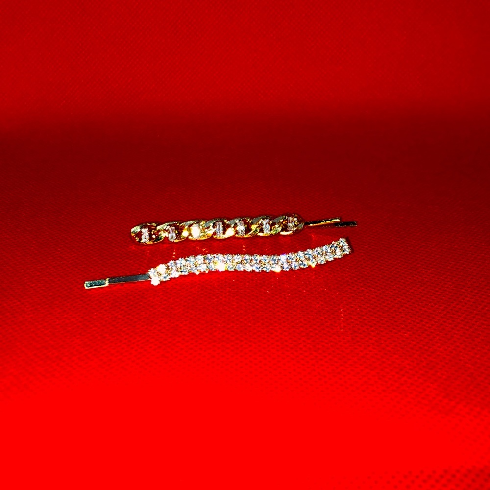 Herring Bone&Rhinestone Hair Pin 2-Pack- Gold Tone